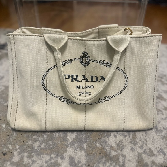 Prada Handbags - Prada White Canapa Logo tote with strap